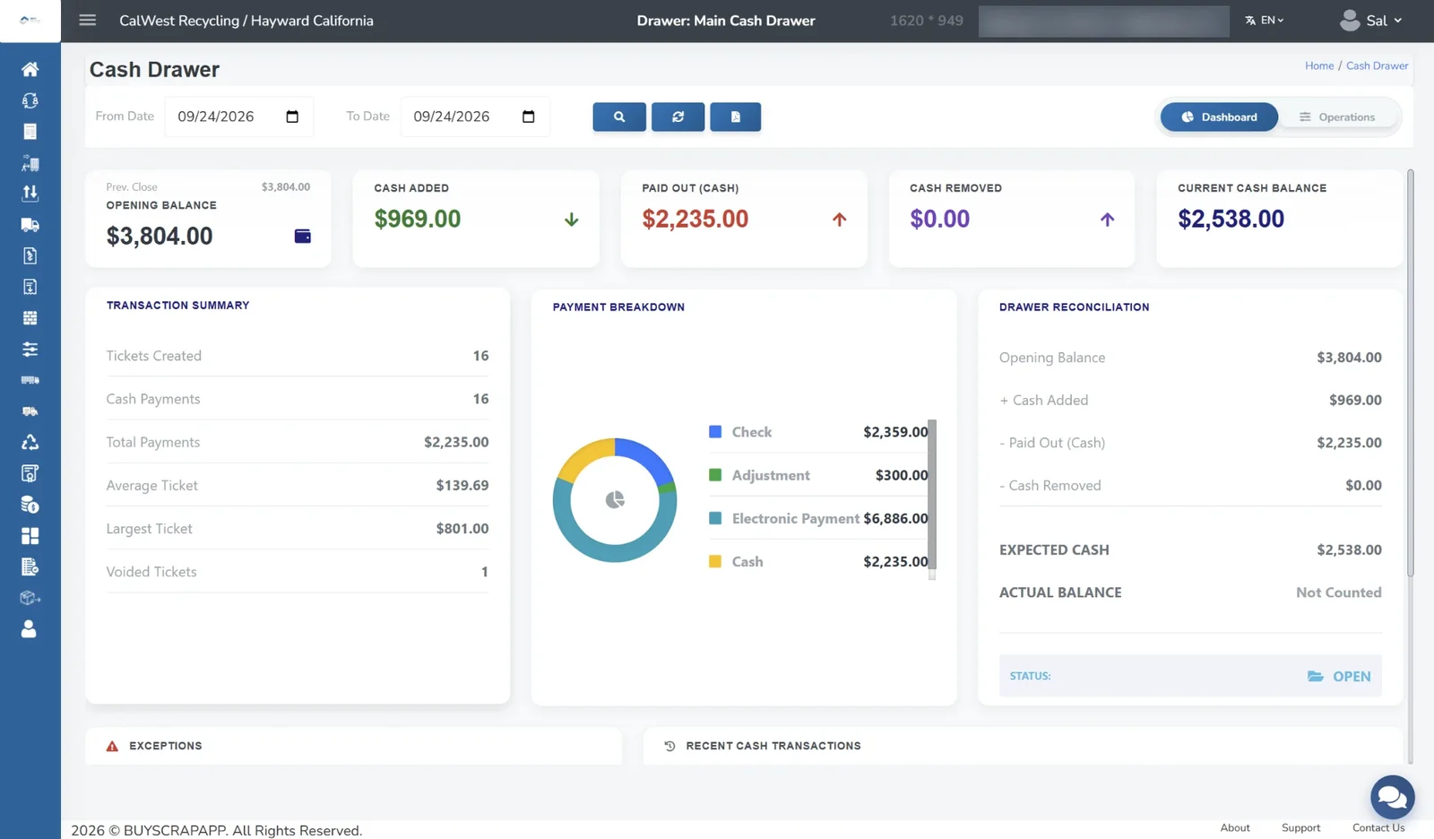 BuyScrapSoftware cash drawer screen with opening balance, cash paid out, payment breakdown, and drawer reconciliation