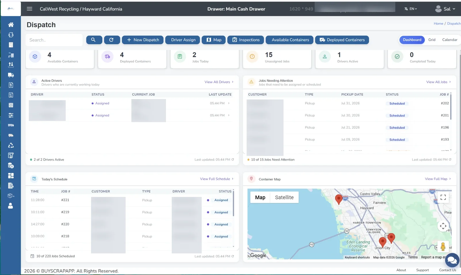 BuyScrapSoftware dispatch dashboard showing jobs, active drivers, today's schedule, and a container map