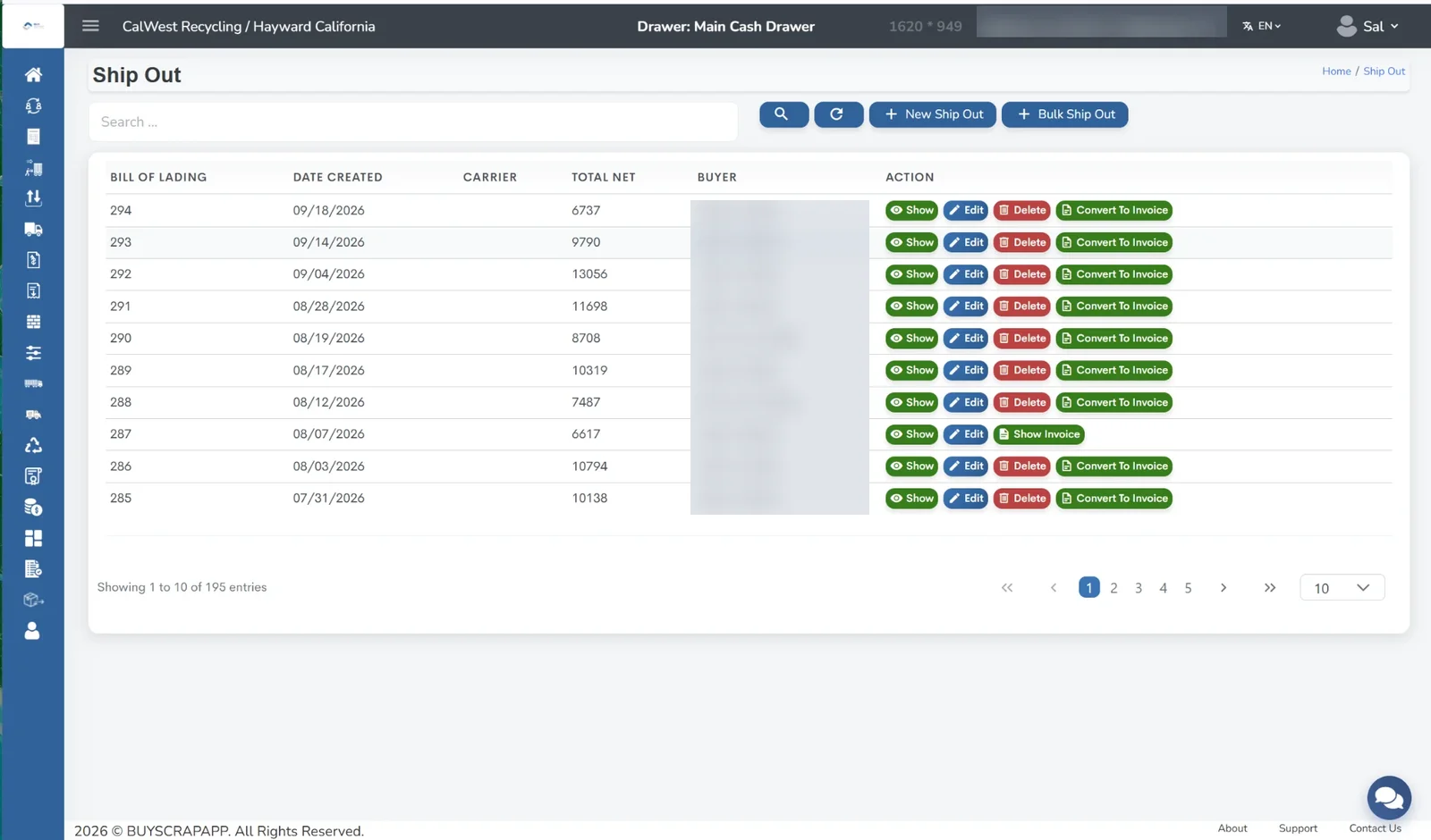 BuyScrapSoftware ship out screen listing bills of lading with options to convert a shipment to an invoice